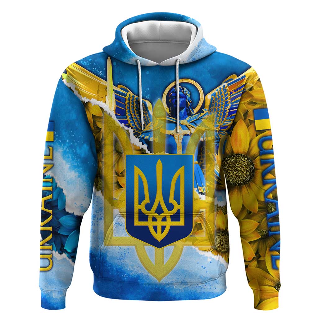 Ukraine Archangel Michael Hoodie with Trident Emblem and Sunflowers Design TS04