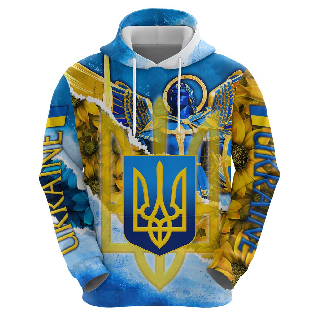 Ukraine Archangel Michael Hoodie with Trident Emblem and Sunflowers Design TS04