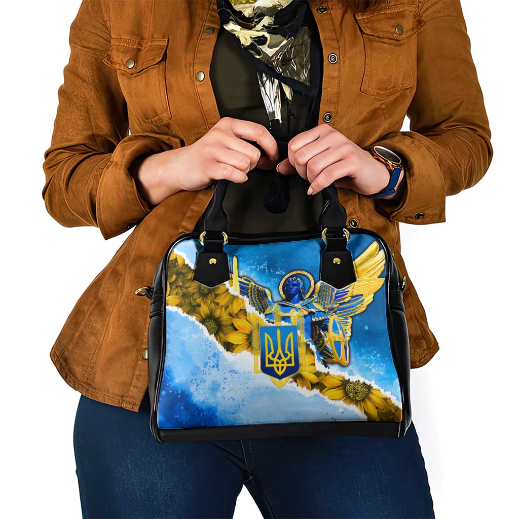 Ukraine Archangel Michael Shoulder Handbag with Trident Emblem and Sunflowers Design TS04