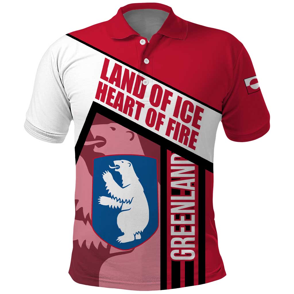 Greenland Polo Shirt with Polar Bear Emblem and Land of Ice Heart of Fire Text Design TS04