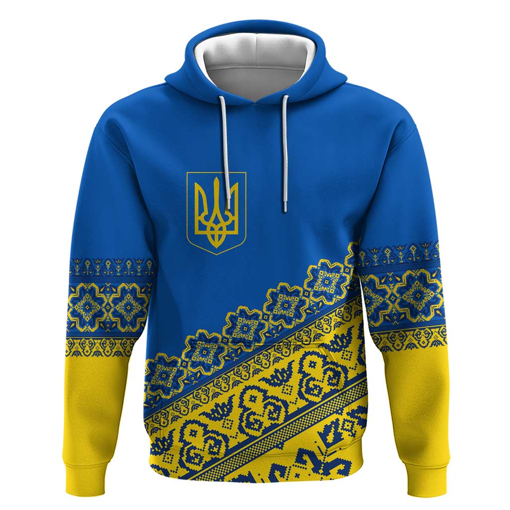Ukraine Heritage Pride Vyshyvanka Pattern Hoodie with National Symbol in Blue & Yellow TS04