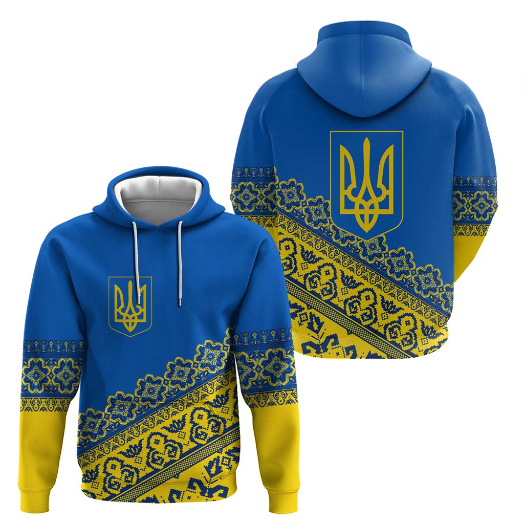 Ukraine Heritage Pride Vyshyvanka Pattern Hoodie with National Symbol in Blue & Yellow TS04