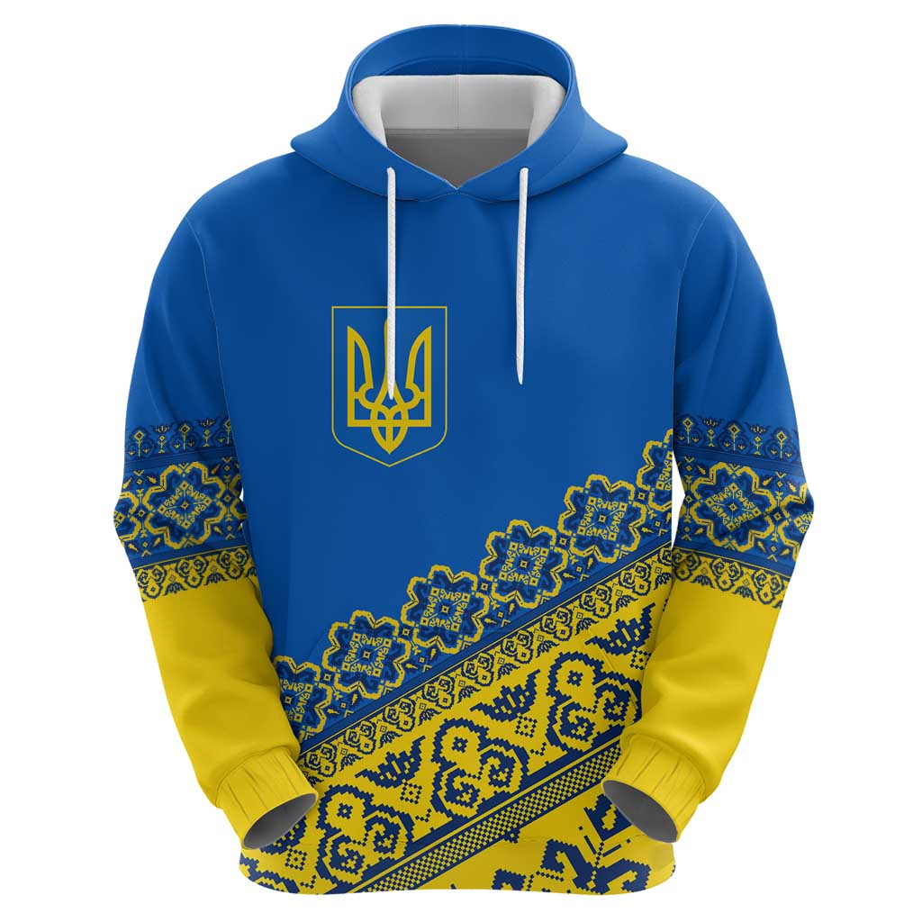 Ukraine Heritage Pride Vyshyvanka Pattern Hoodie with National Symbol in Blue & Yellow TS04