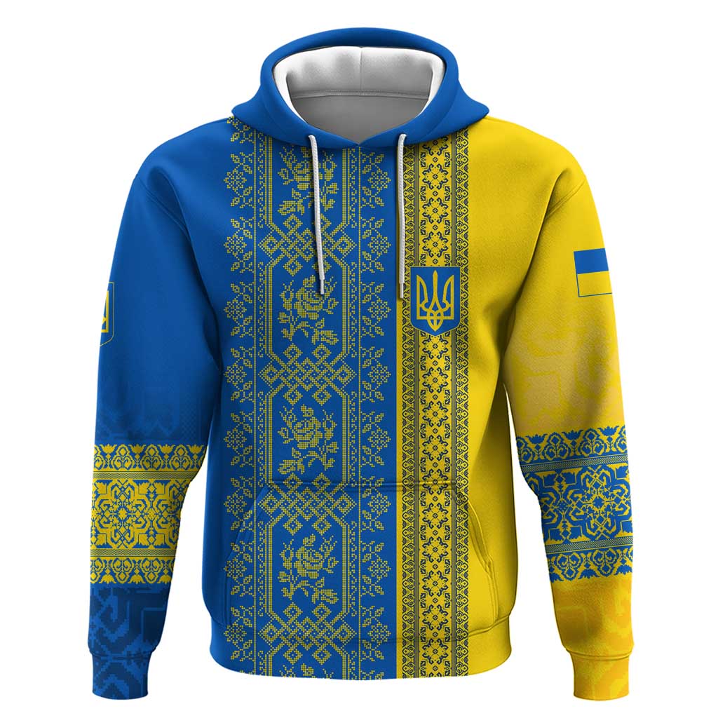 Ukrainian Flag Colors Hoodie with Trident Crest and Traditional Folk Pattern TS04