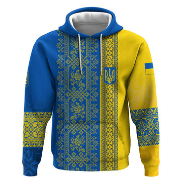Ukrainian Flag Colors Hoodie with Trident Crest and Traditional Folk Pattern TS04