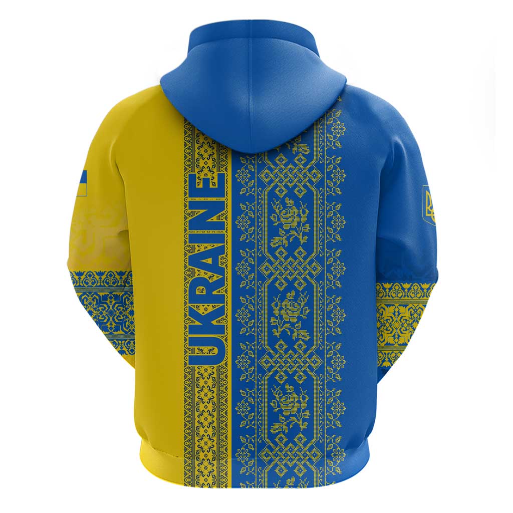 Ukrainian Flag Colors Hoodie with Trident Crest and Traditional Folk Pattern TS04