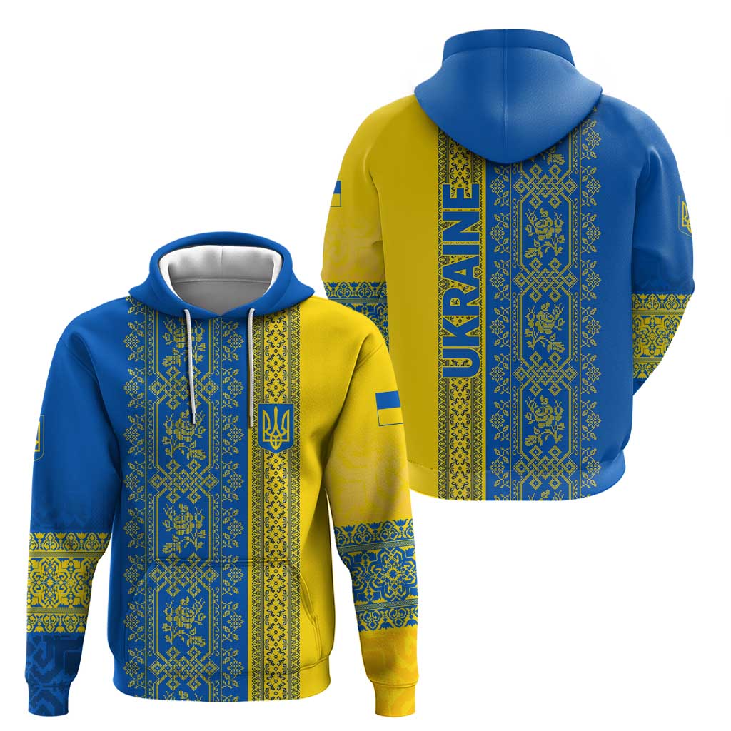 Ukrainian Flag Colors Hoodie with Trident Crest and Traditional Folk Pattern TS04