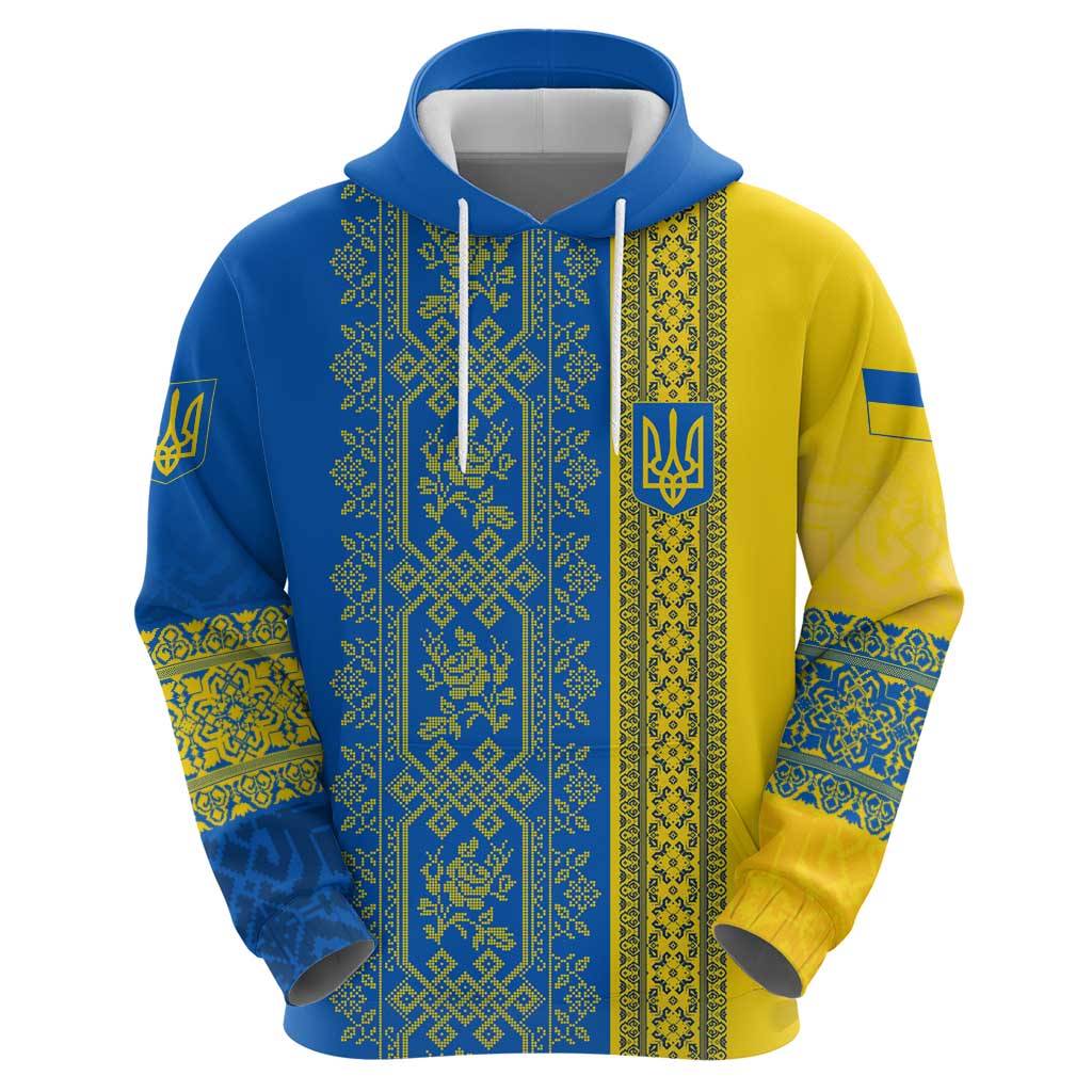 Ukrainian Flag Colors Hoodie with Trident Crest and Traditional Folk Pattern TS04