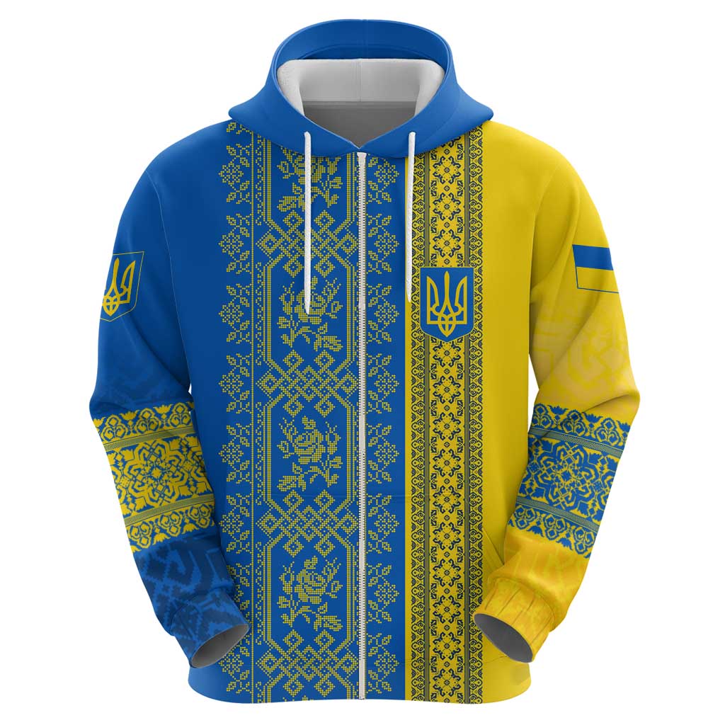 Ukrainian Flag Colors Hoodie with Trident Crest and Traditional Folk Pattern TS04