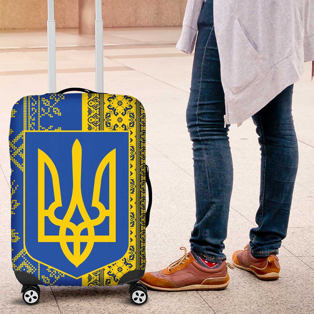 Ukrainian Flag Colors Luggage Cover with Trident Crest and Traditional Folk Pattern TS04