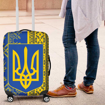 Ukrainian Flag Colors Luggage Cover with Trident Crest and Traditional Folk Pattern TS04