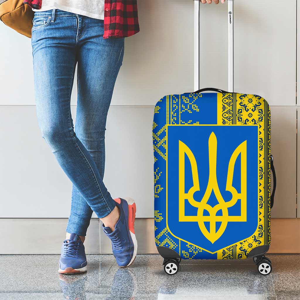 Ukrainian Flag Colors Luggage Cover with Trident Crest and Traditional Folk Pattern TS04