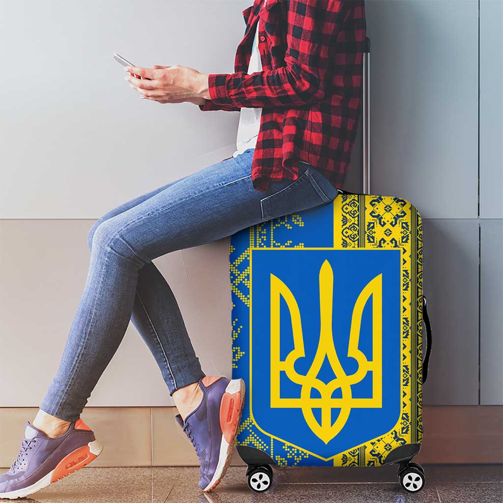 Ukrainian Flag Colors Luggage Cover with Trident Crest and Traditional Folk Pattern TS04