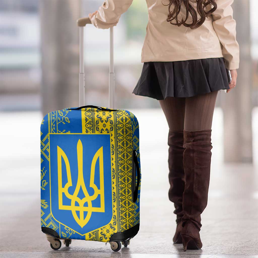 Ukrainian Flag Colors Luggage Cover with Trident Crest and Traditional Folk Pattern TS04