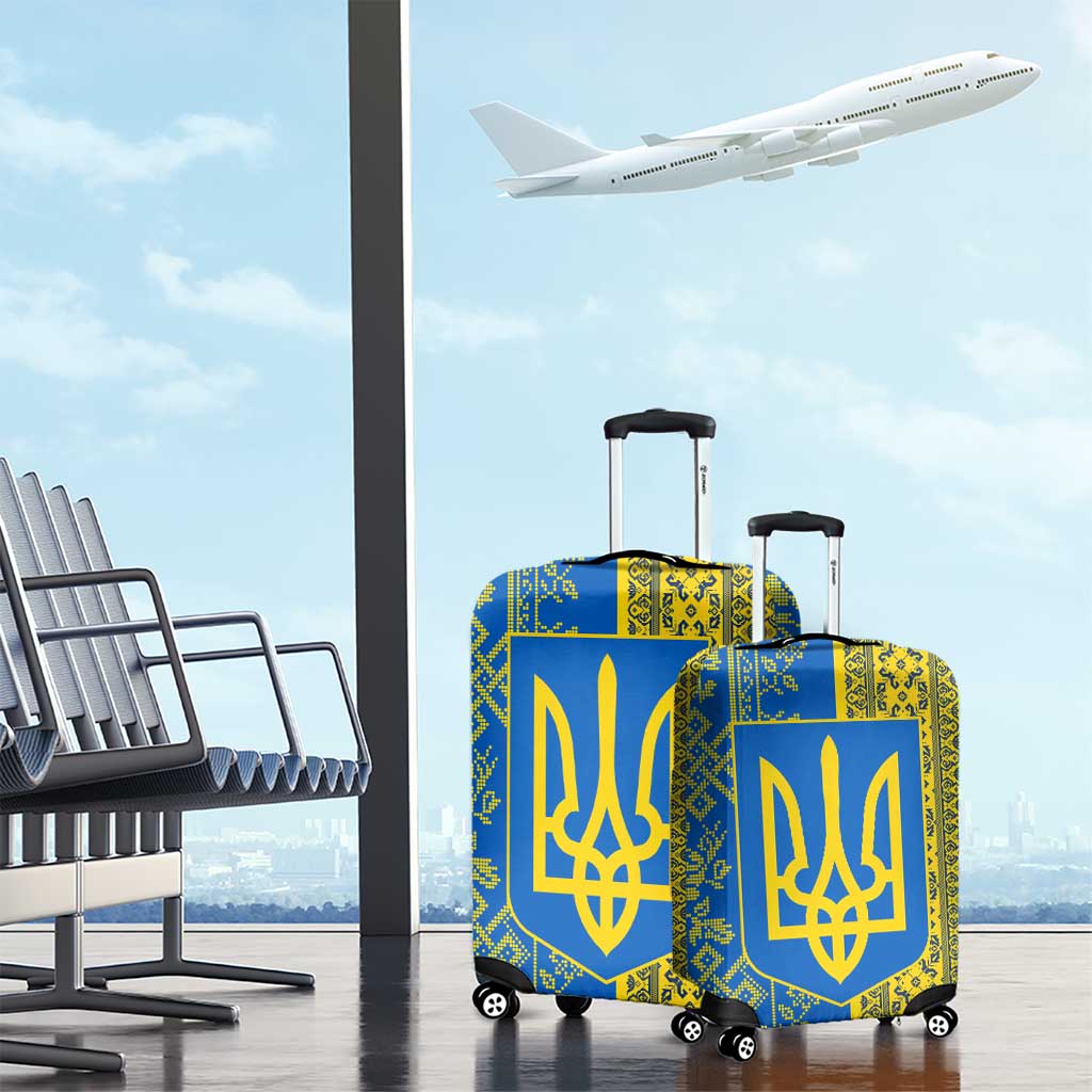 Ukrainian Flag Colors Luggage Cover with Trident Crest and Traditional Folk Pattern TS04