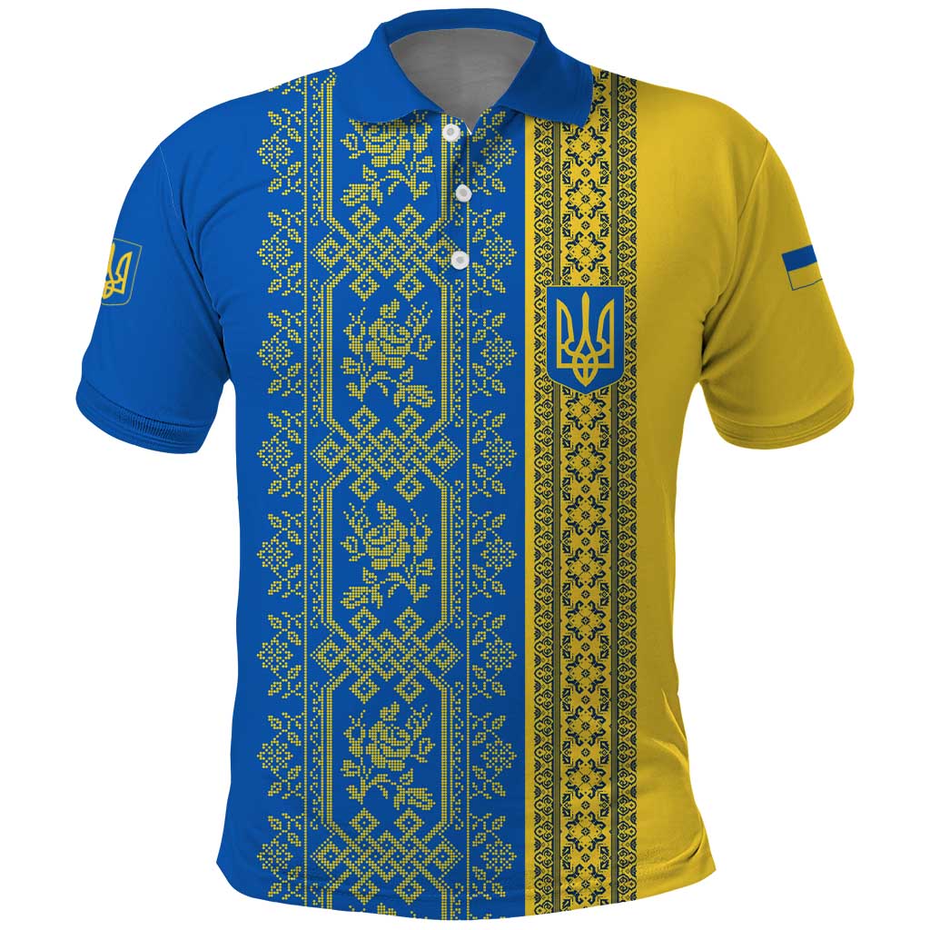 Ukrainian Flag Colors Polo Shirt with Trident Crest and Traditional Folk Pattern TS04