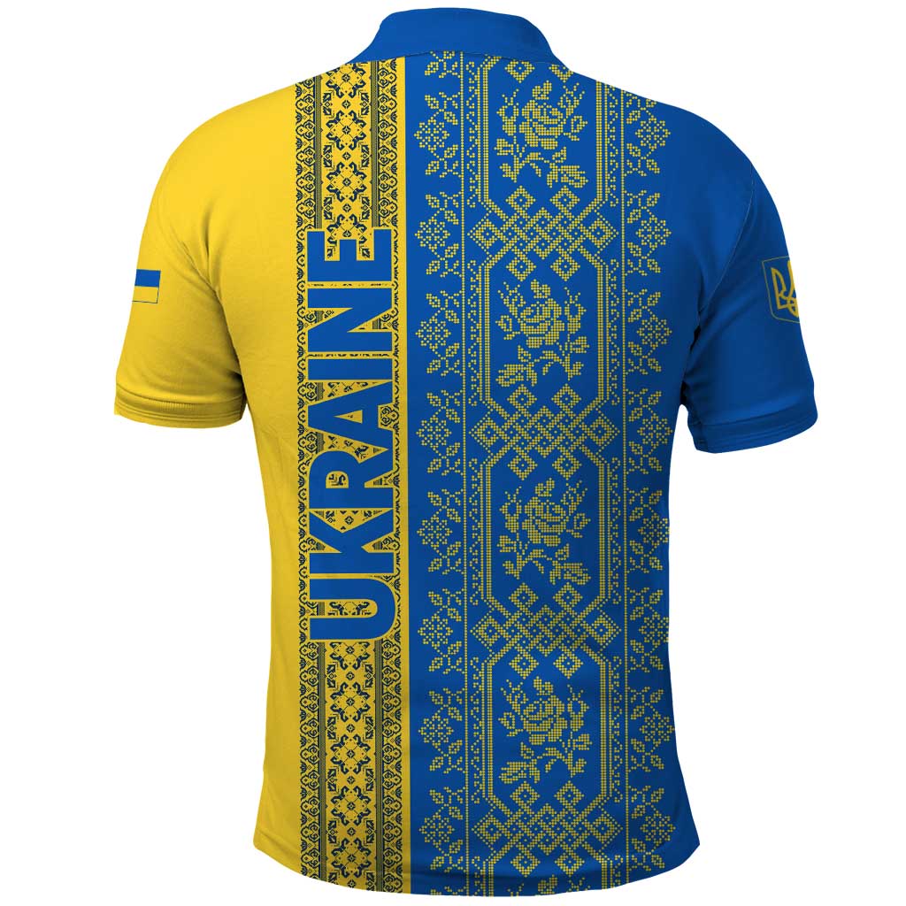 Ukrainian Flag Colors Polo Shirt with Trident Crest and Traditional Folk Pattern TS04
