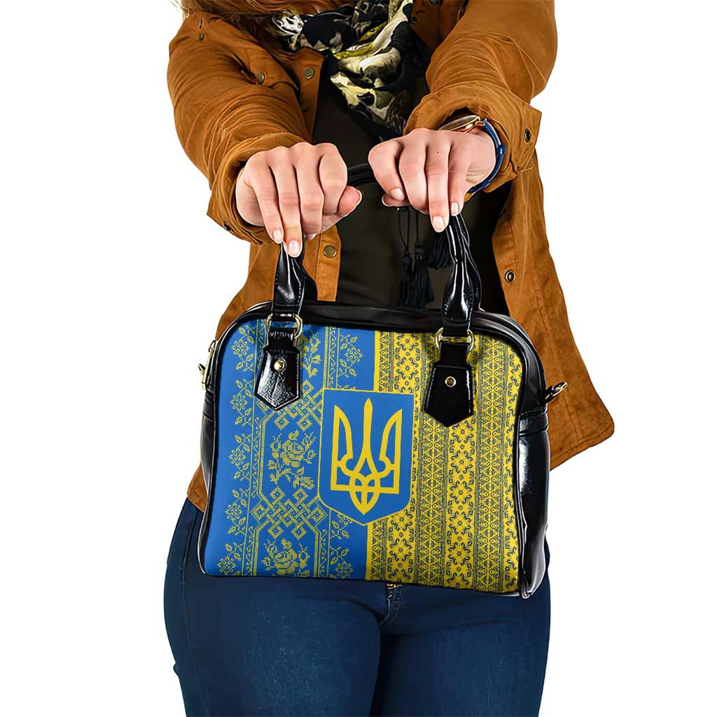 Ukrainian Flag Colors Shoulder Handbag with Trident Crest and Traditional Folk Pattern TS04