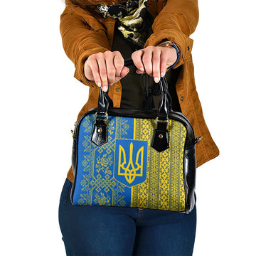 Ukrainian Flag Colors Shoulder Handbag with Trident Crest and Traditional Folk Pattern TS04