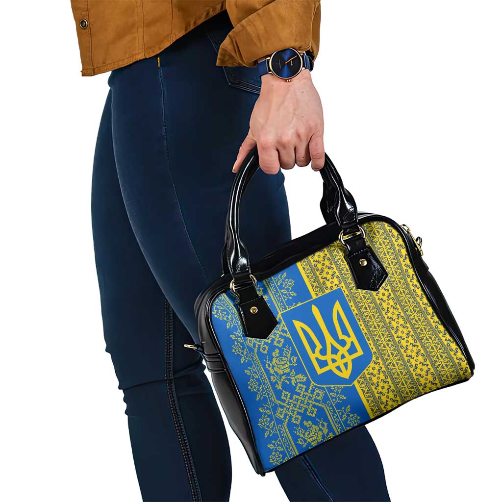 Ukrainian Flag Colors Shoulder Handbag with Trident Crest and Traditional Folk Pattern TS04