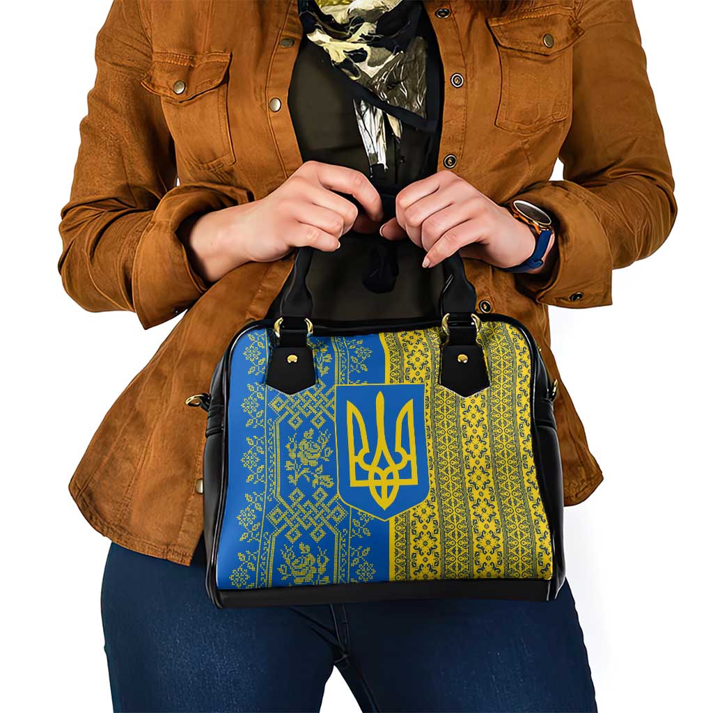 Ukrainian Flag Colors Shoulder Handbag with Trident Crest and Traditional Folk Pattern TS04