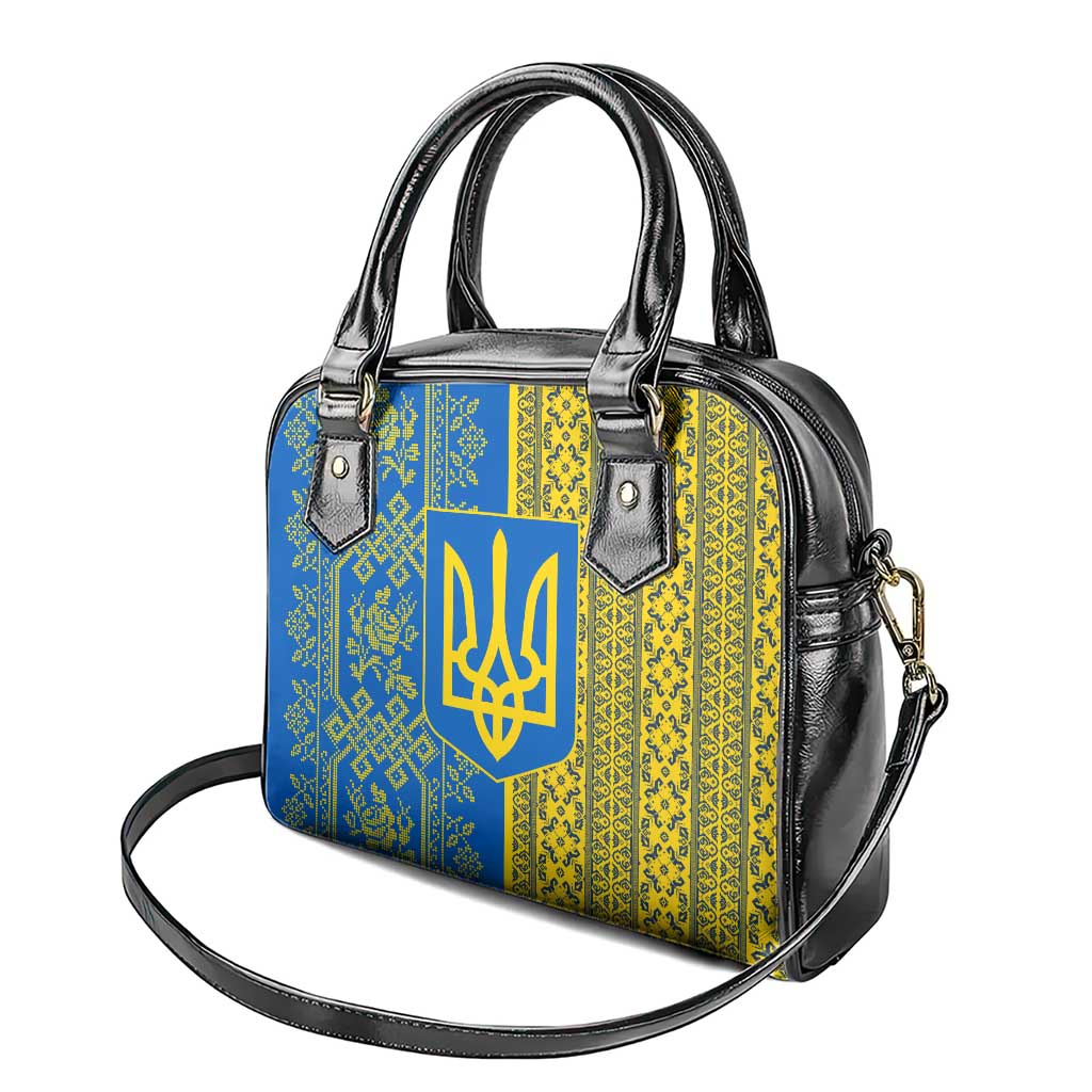 Ukrainian Flag Colors Shoulder Handbag with Trident Crest and Traditional Folk Pattern TS04