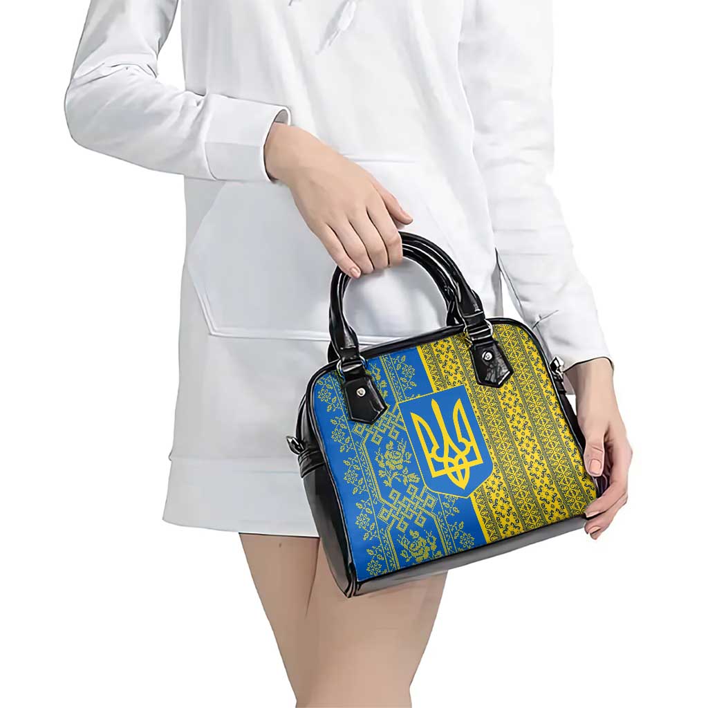 Ukrainian Flag Colors Shoulder Handbag with Trident Crest and Traditional Folk Pattern TS04