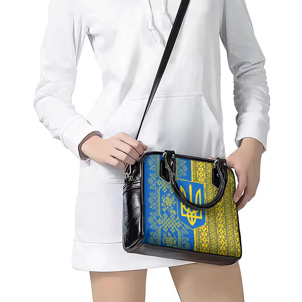 Ukrainian Flag Colors Shoulder Handbag with Trident Crest and Traditional Folk Pattern TS04
