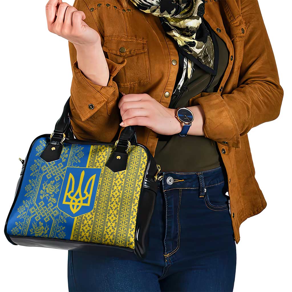 Ukrainian Flag Colors Shoulder Handbag with Trident Crest and Traditional Folk Pattern TS04