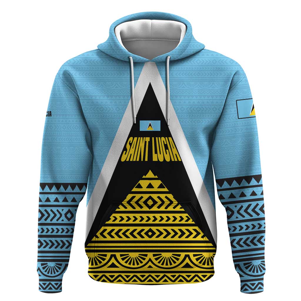Saint Lucia Tribal Triangle Design Hoodie with Flag Colors and The Land The People The Light Quote TS04