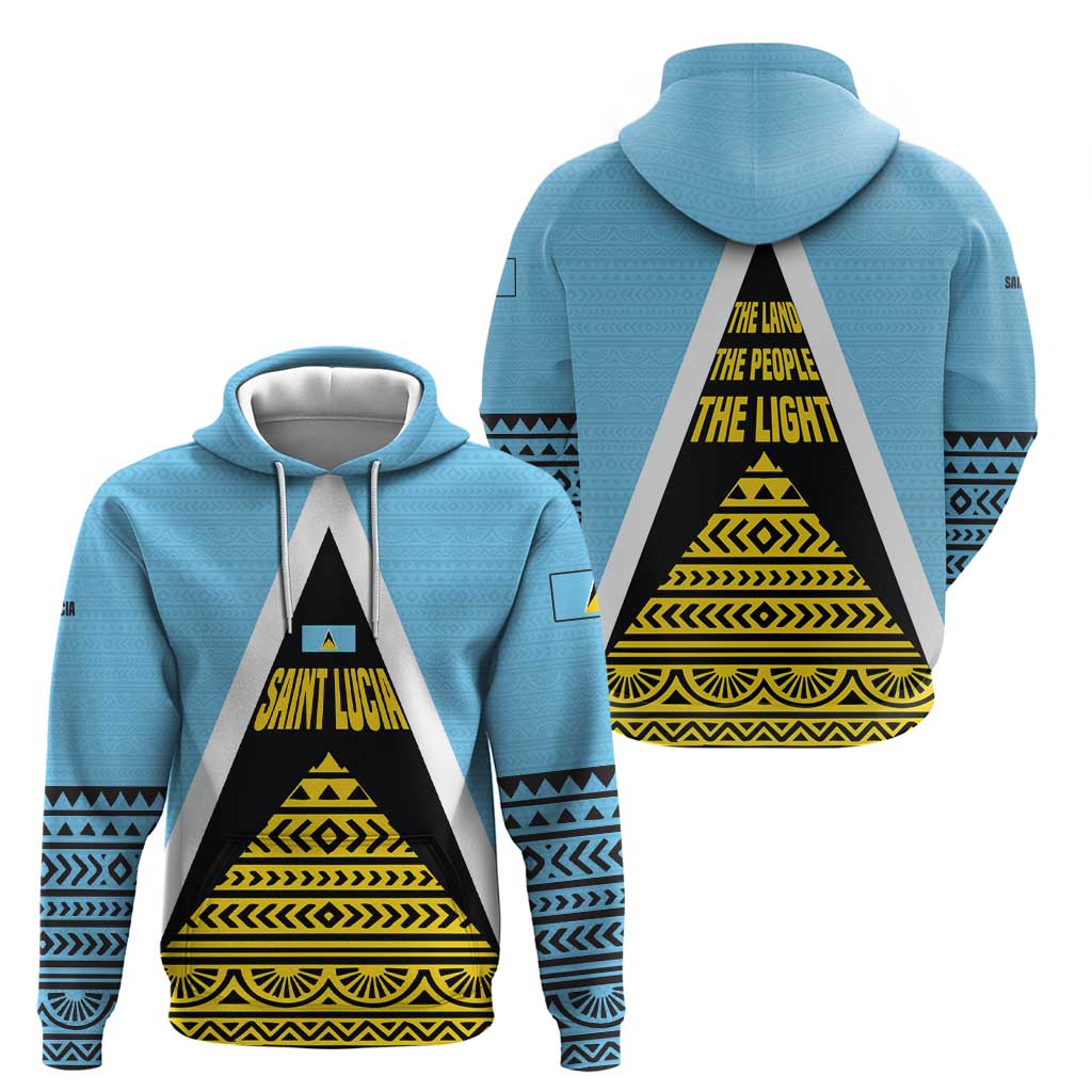 Saint Lucia Tribal Triangle Design Hoodie with Flag Colors and The Land The People The Light Quote TS04