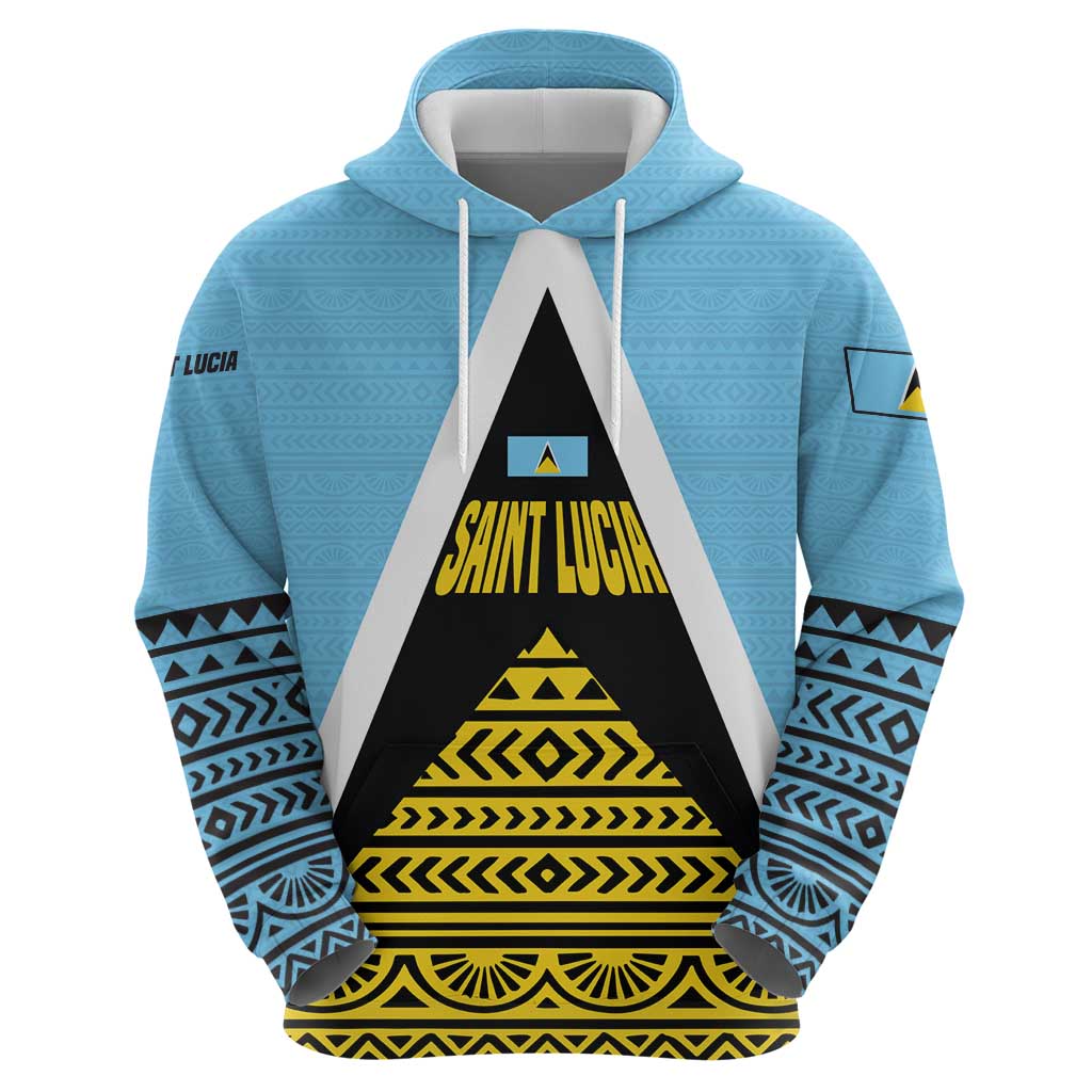 Saint Lucia Tribal Triangle Design Hoodie with Flag Colors and The Land The People The Light Quote TS04