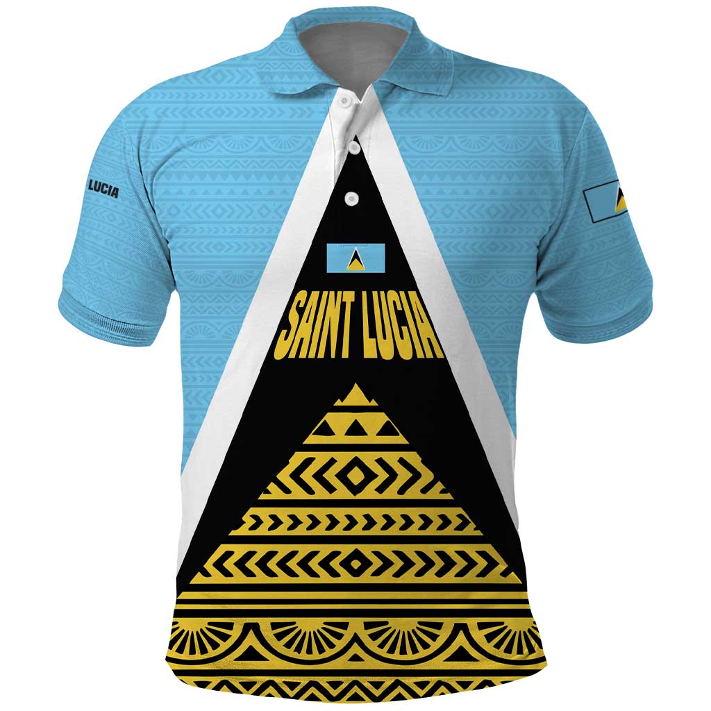 Saint Lucia Tribal Triangle Design Polo Shirt with Flag Colors and The Land The People The Light Quote TS04