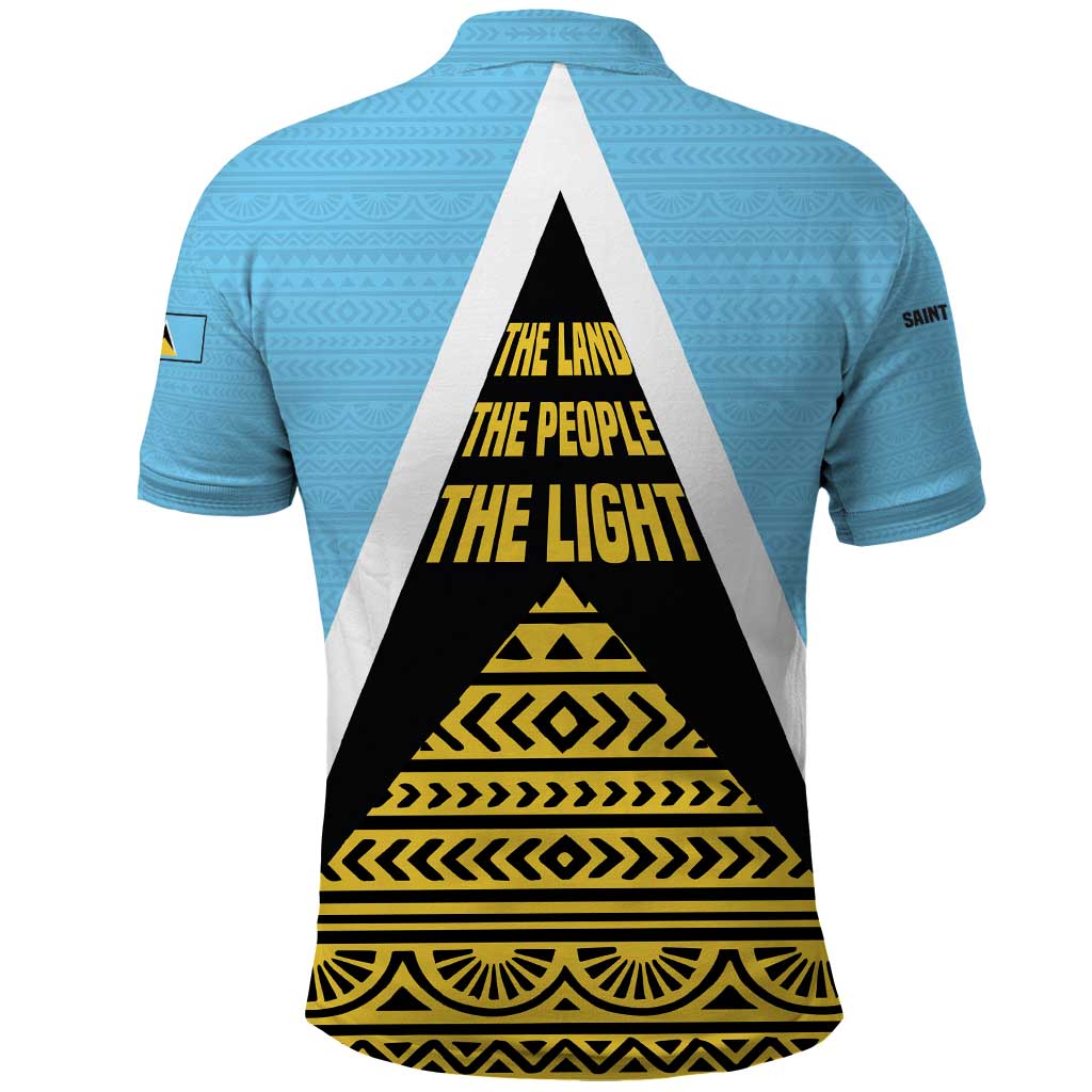 Saint Lucia Tribal Triangle Design Polo Shirt with Flag Colors and The Land The People The Light Quote TS04