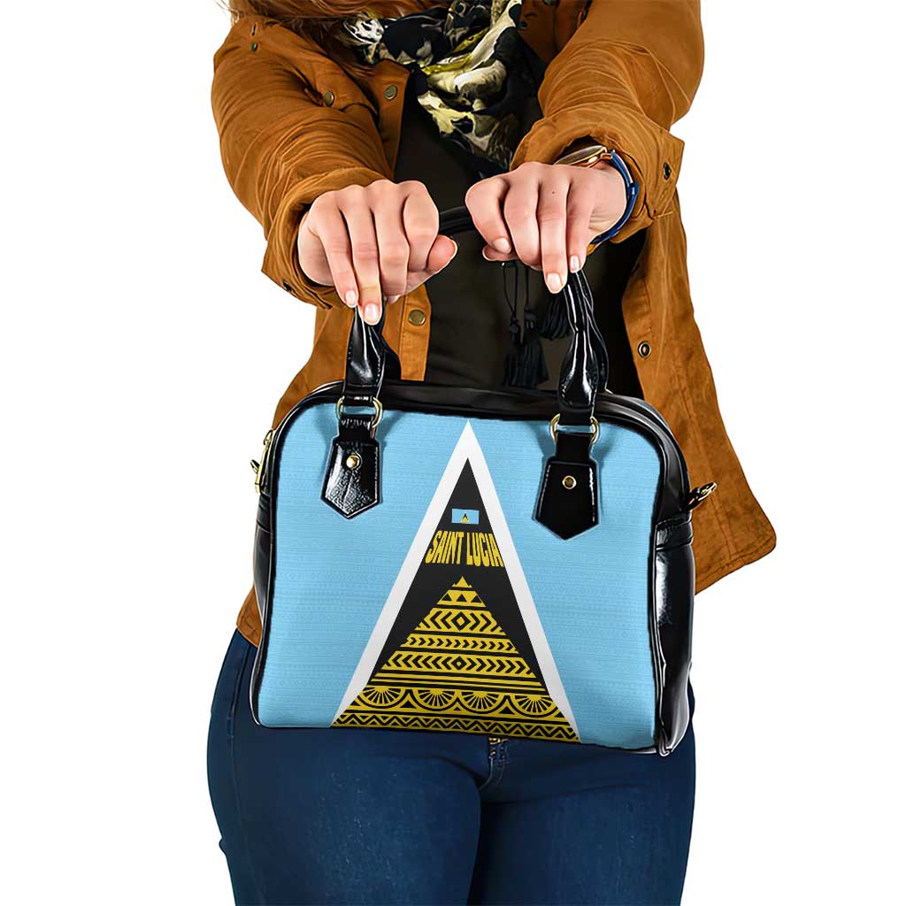 Saint Lucia Tribal Triangle Design Shoulder Handbag with Flag Colors and The Land The People The Light Quote TS04