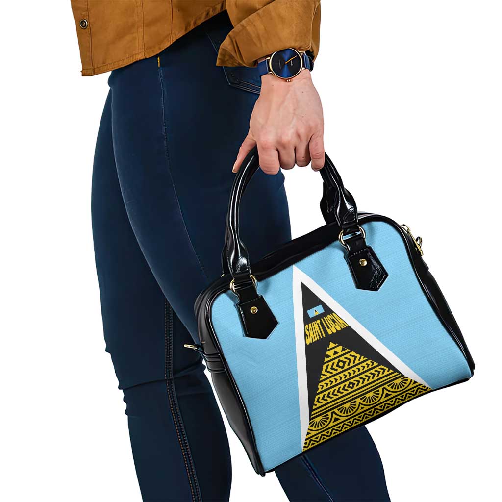 Saint Lucia Tribal Triangle Design Shoulder Handbag with Flag Colors and The Land The People The Light Quote TS04