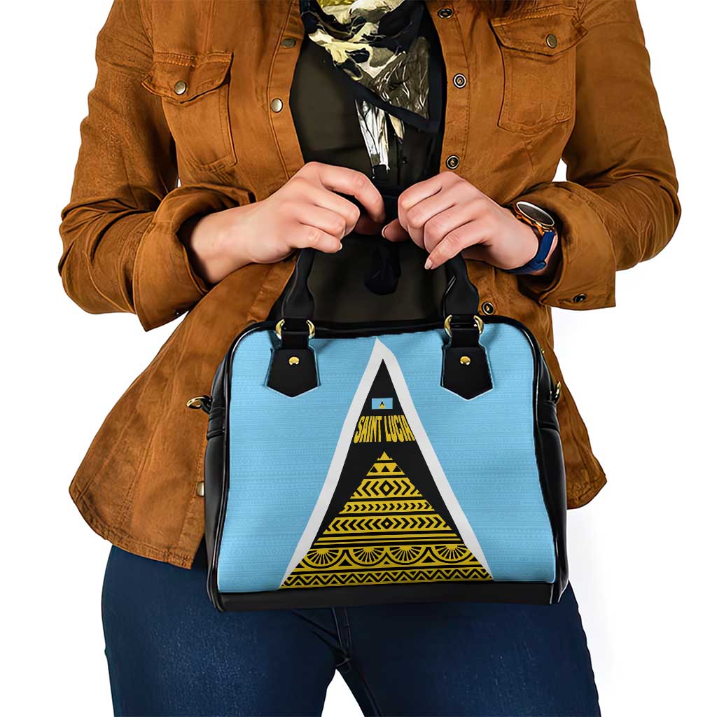 Saint Lucia Tribal Triangle Design Shoulder Handbag with Flag Colors and The Land The People The Light Quote TS04