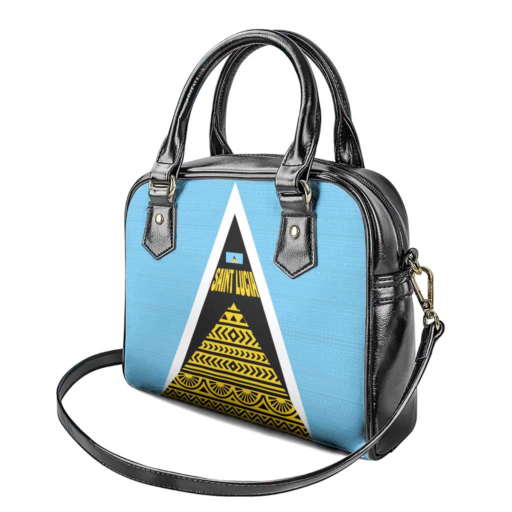 Saint Lucia Tribal Triangle Design Shoulder Handbag with Flag Colors and The Land The People The Light Quote TS04