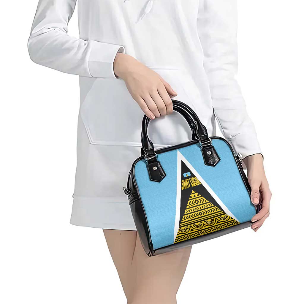 Saint Lucia Tribal Triangle Design Shoulder Handbag with Flag Colors and The Land The People The Light Quote TS04