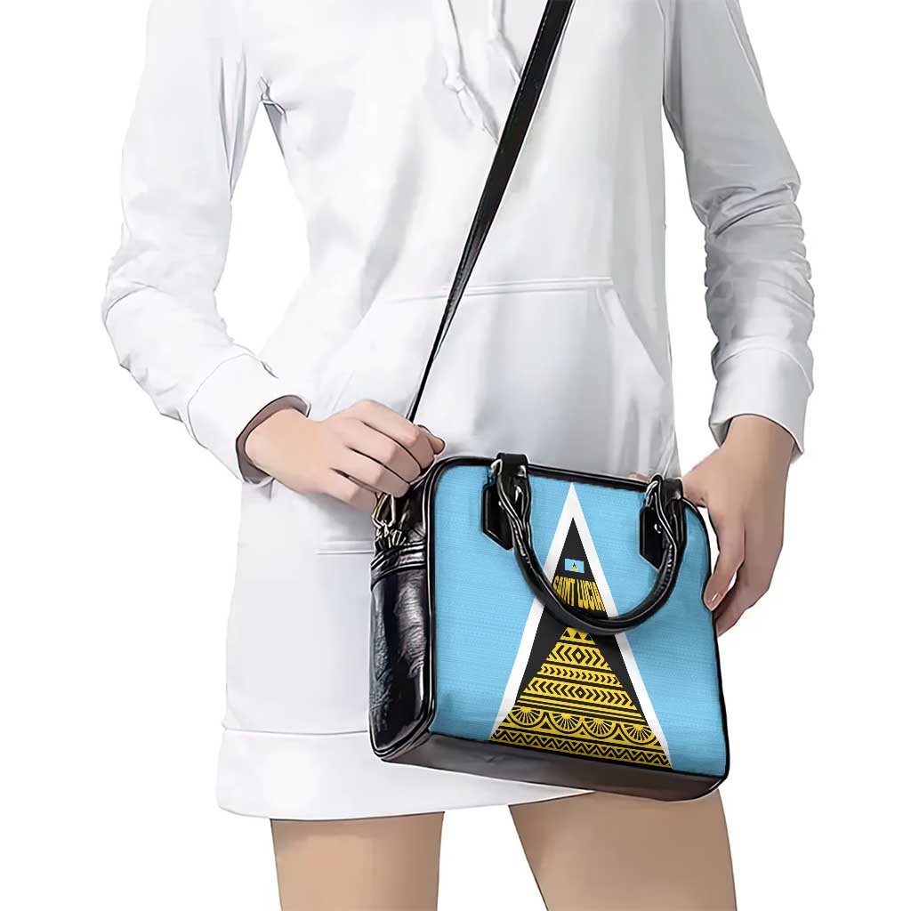 Saint Lucia Tribal Triangle Design Shoulder Handbag with Flag Colors and The Land The People The Light Quote TS04