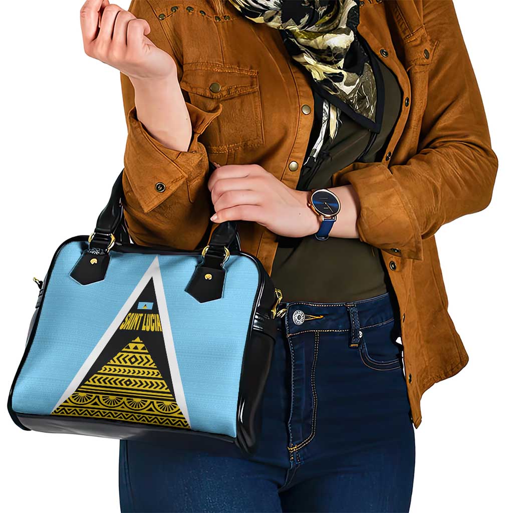 Saint Lucia Tribal Triangle Design Shoulder Handbag with Flag Colors and The Land The People The Light Quote TS04
