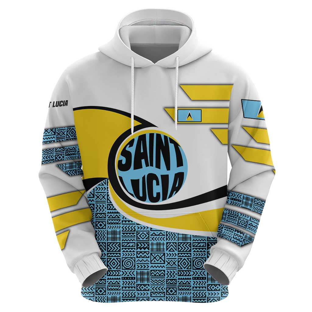 Saint Lucia Modern Tribal Crest Design Hoodie with Flag Colors and Bold Text Layout TS04
