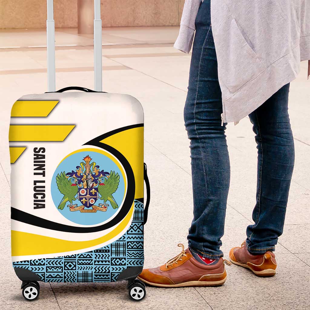 Saint Lucia Modern Tribal Crest Design Luggage Cover with Flag Colors and Bold Text Layout TS04