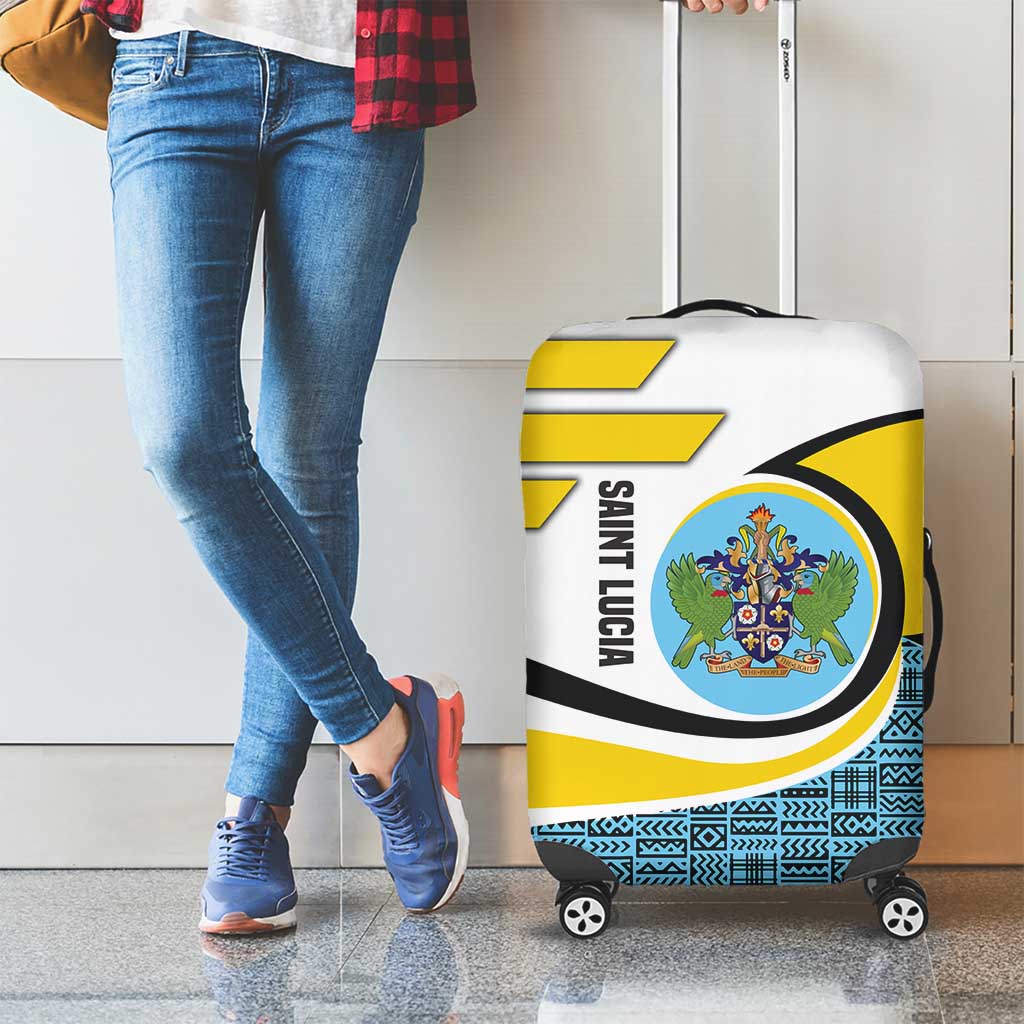 Saint Lucia Modern Tribal Crest Design Luggage Cover with Flag Colors and Bold Text Layout TS04