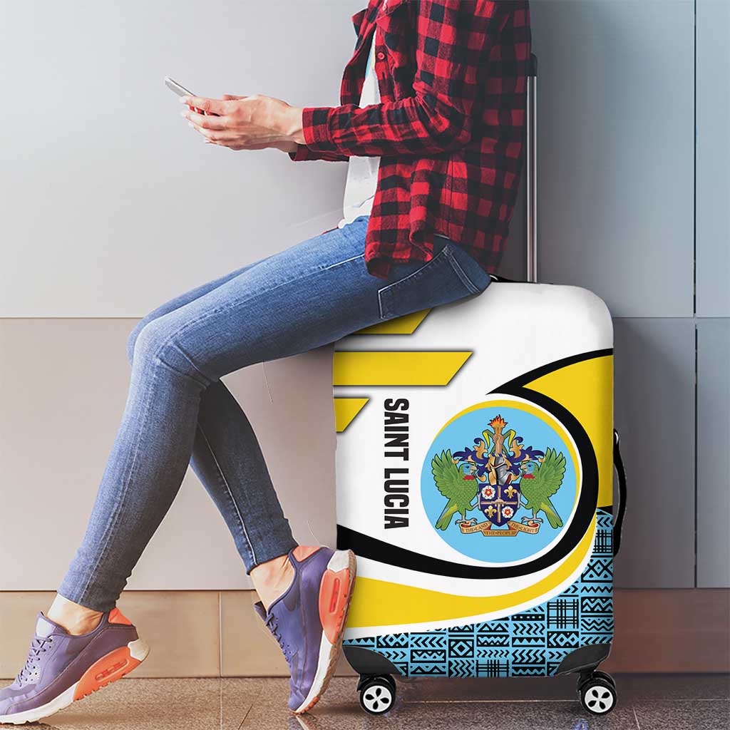 Saint Lucia Modern Tribal Crest Design Luggage Cover with Flag Colors and Bold Text Layout TS04
