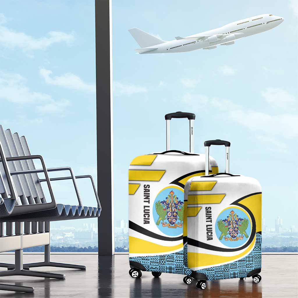 Saint Lucia Modern Tribal Crest Design Luggage Cover with Flag Colors and Bold Text Layout TS04