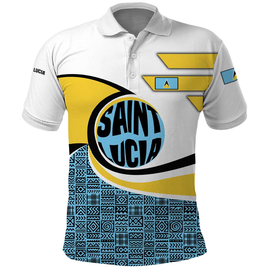 Saint Lucia Modern Tribal Crest Design Polo Shirt with Flag Colors and Bold Text Layout TS04
