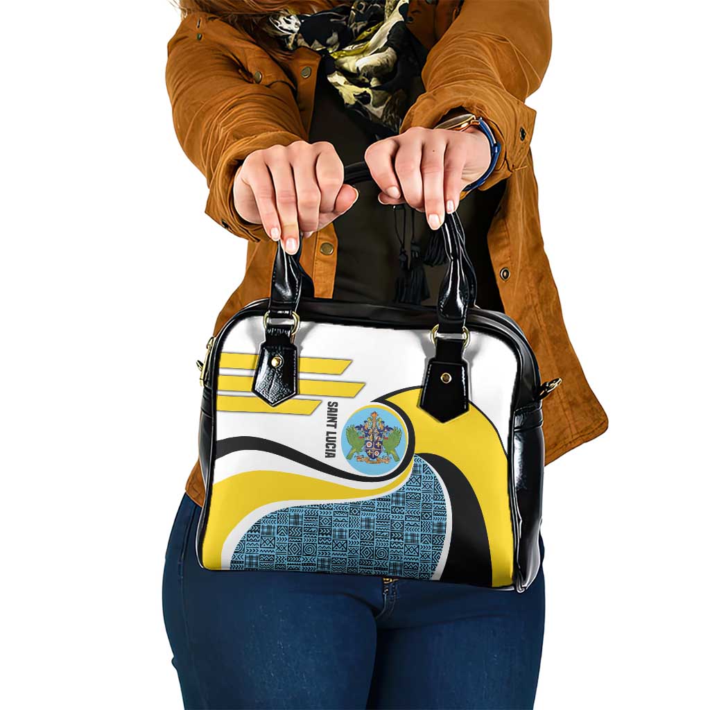 Saint Lucia Modern Tribal Crest Design Shoulder Handbag with Flag Colors and Bold Text Layout TS04