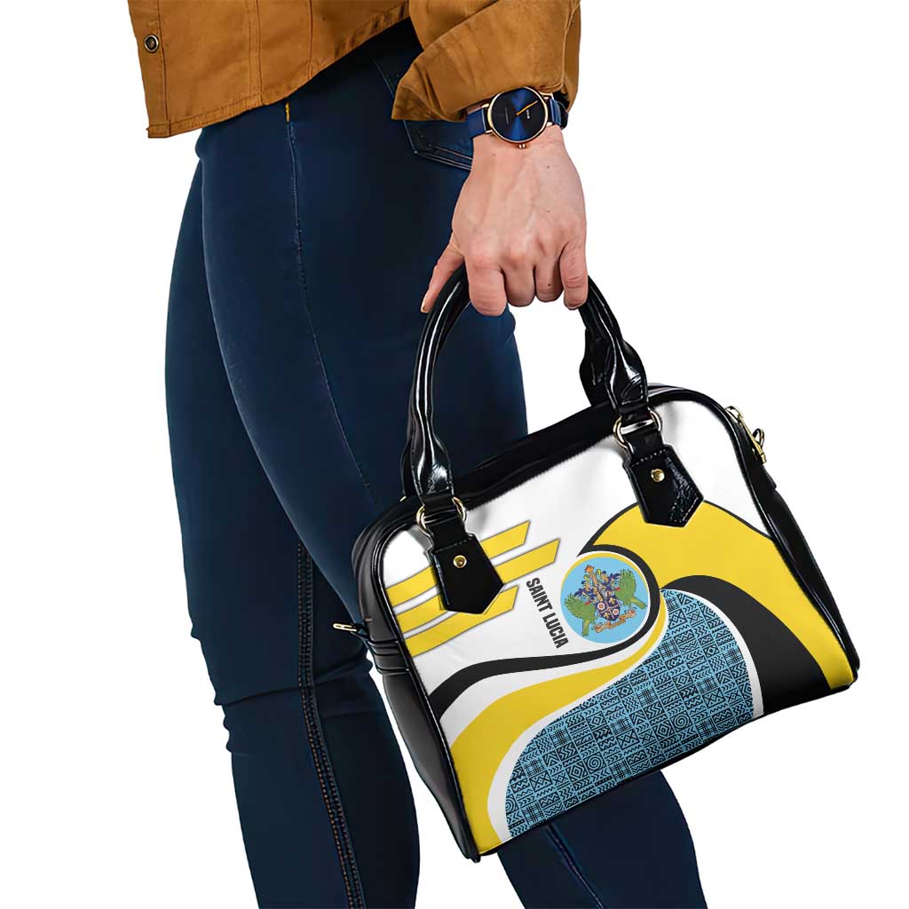 Saint Lucia Modern Tribal Crest Design Shoulder Handbag with Flag Colors and Bold Text Layout TS04