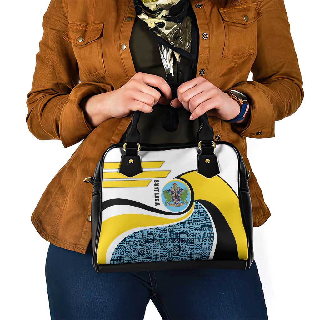 Saint Lucia Modern Tribal Crest Design Shoulder Handbag with Flag Colors and Bold Text Layout TS04